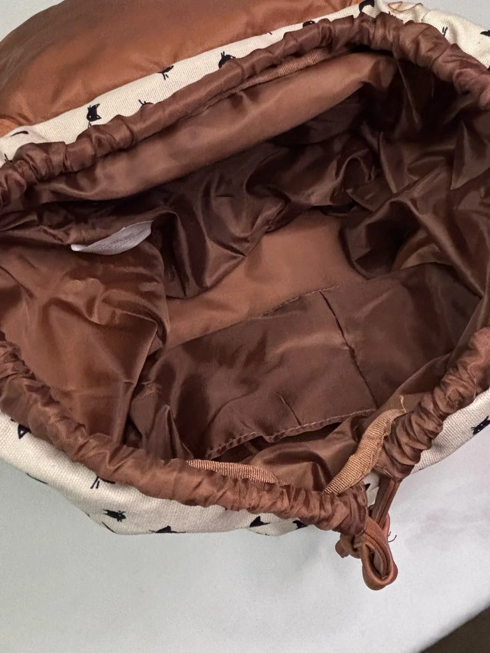 Canvas Cat Print Drawstring Backpack with Brown Faux Leather Trim